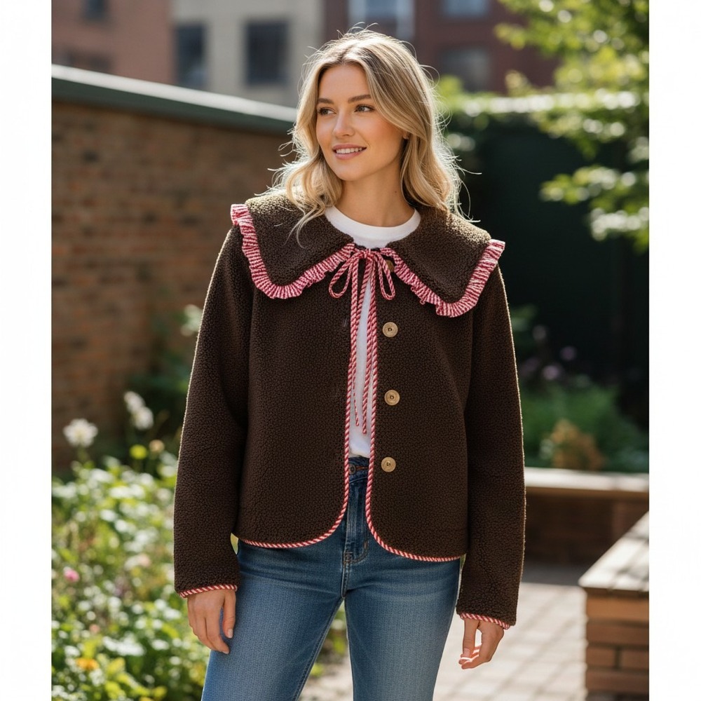 Things Between Sherpa Jacket Women S Brown Gingham Peter Pan Collar TBO13347